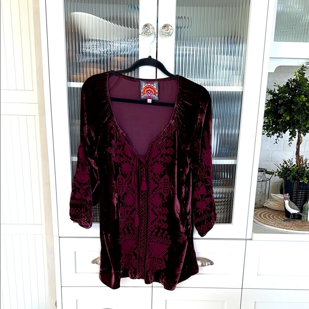 Johnny Was purple crush Embellished silk velvet 3/4 Sleeve tunic